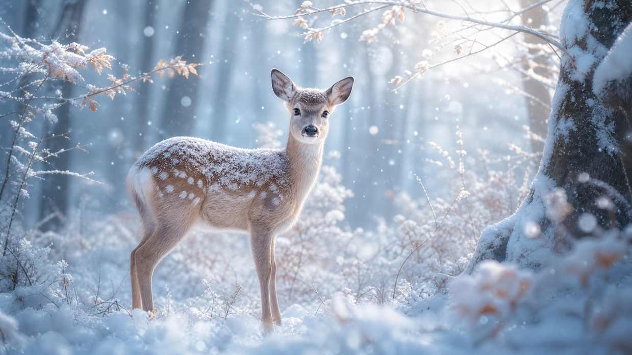 小鹿与初雪林间 浅毛覆薄雪 林间独行 梦幻冬景 4K壁纸