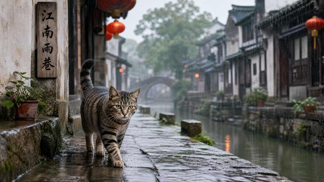 狸花猫与江南雨巷 缓步青石板 细雨濛濛 烟雨萌趣 4K壁纸