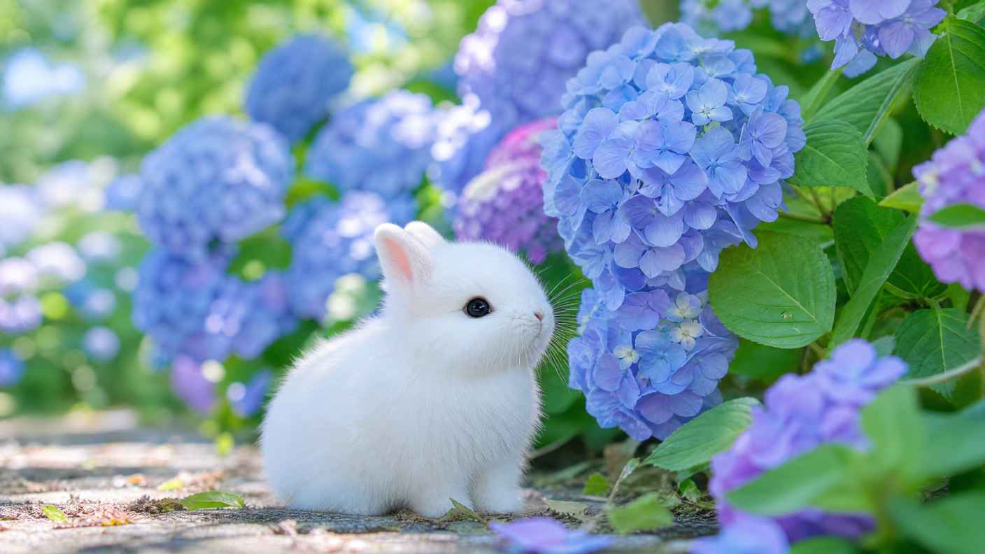 侏儒兔与绣球花丛 雪白绒毛 蓝紫繁花 软萌春日 4K壁纸