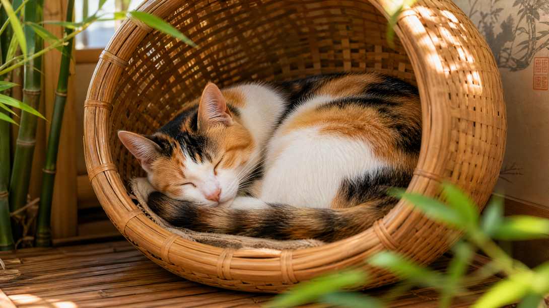 三花猫与竹编篮 窝篮酣睡 花色灵动 雅致治愈 4K壁纸