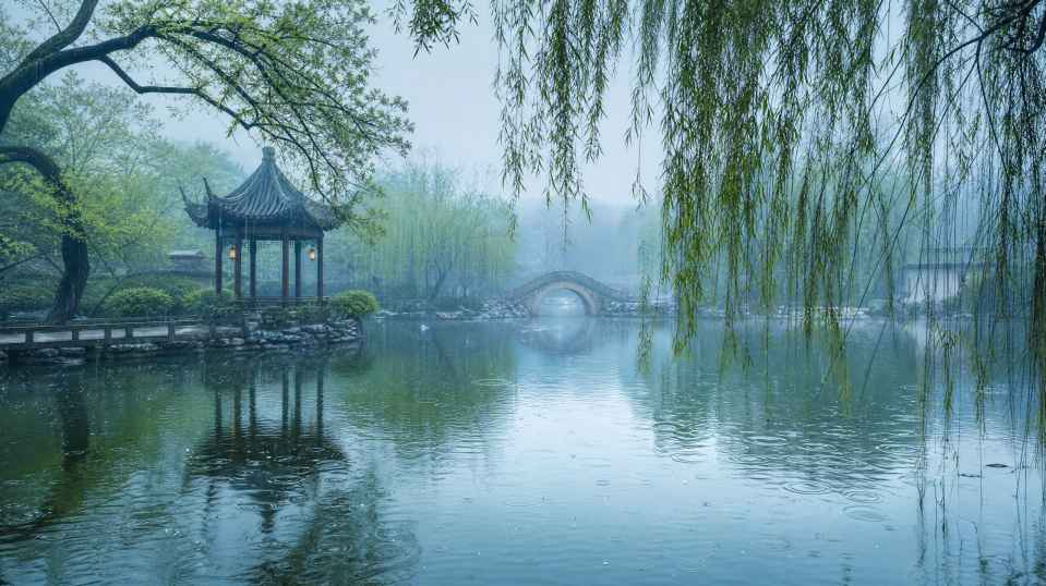 园林雨景 湖面涟漪 垂柳含烟 江南雅致 4K壁纸
