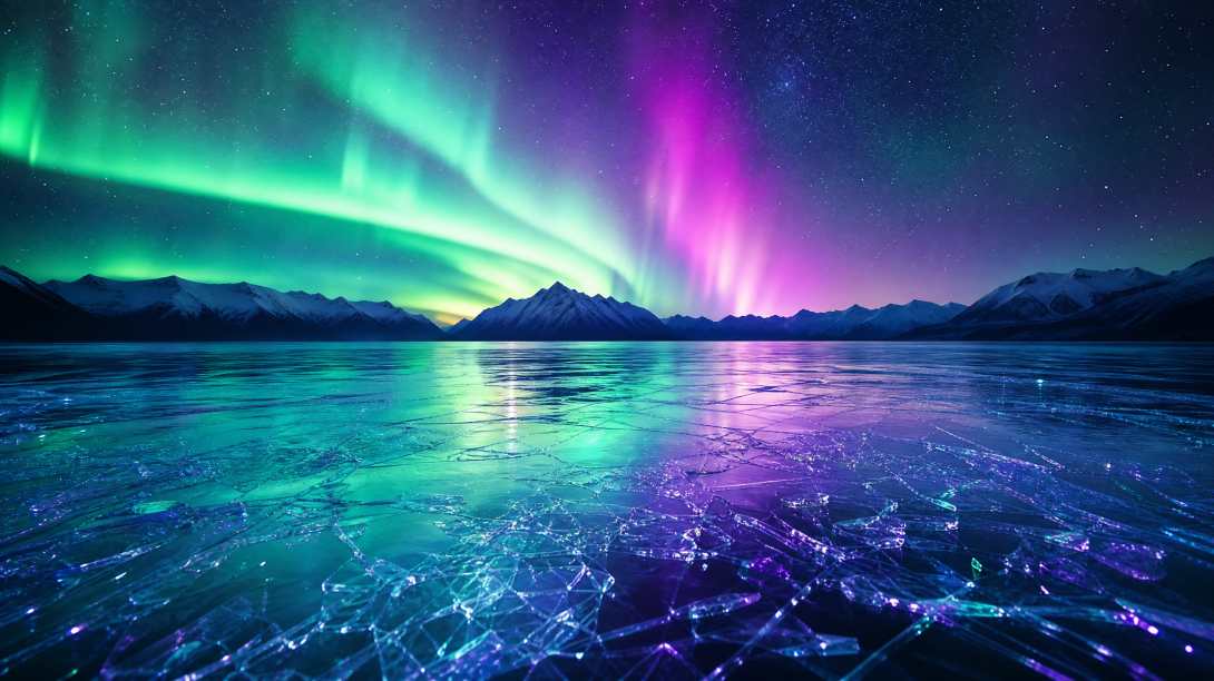 极光下的冰湖，绿色和紫色极光在夜空中舞动，湖面冰晶反射光芒，远处雪山剪影，长时间曝光，梦幻风格