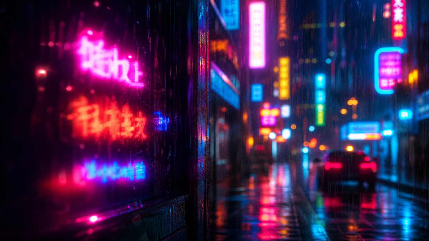 霓虹灯牌，文字模糊，雨夜，色彩，城市