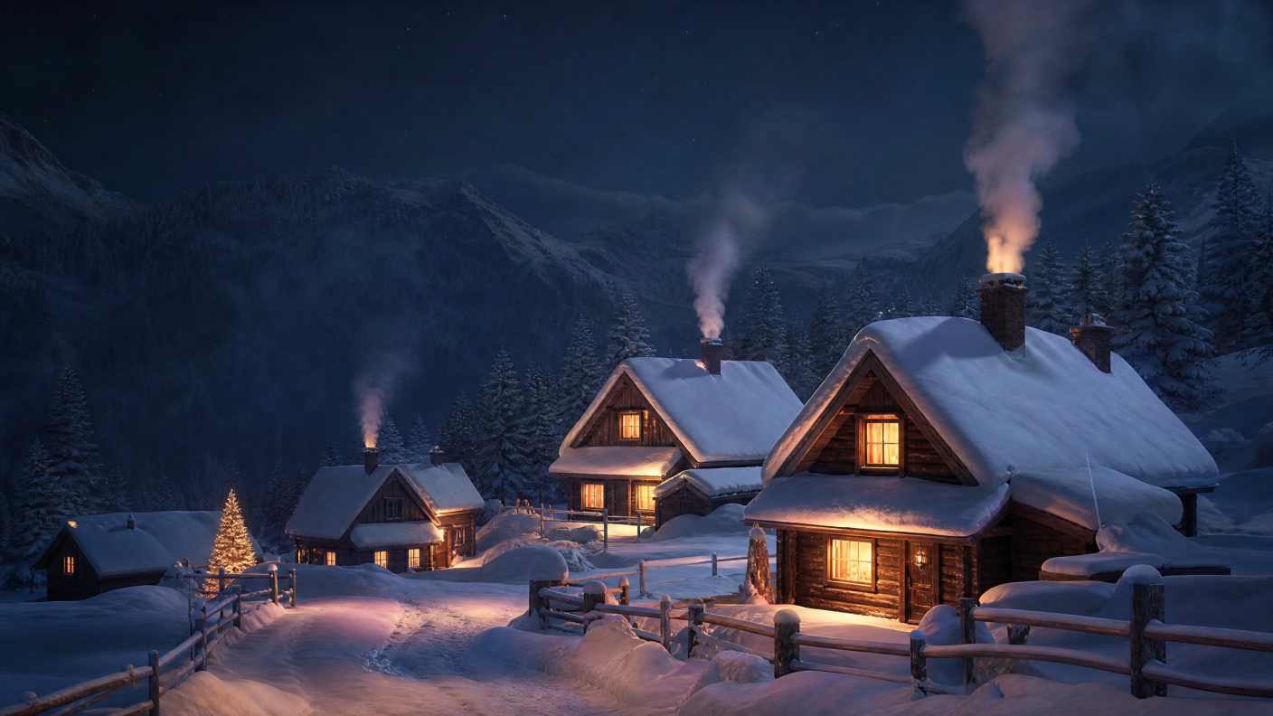 雪夜村庄，小屋灯光，烟囱冒烟，厚雪，温馨，写实