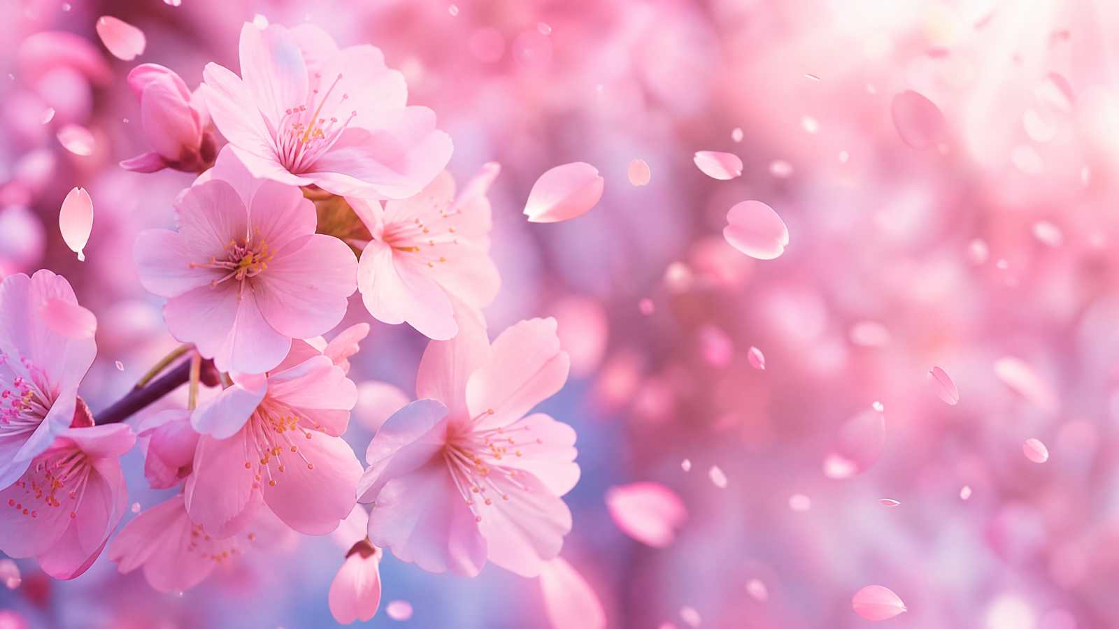 樱花雨，近景特写，花瓣飘落，柔焦，粉色，唯美