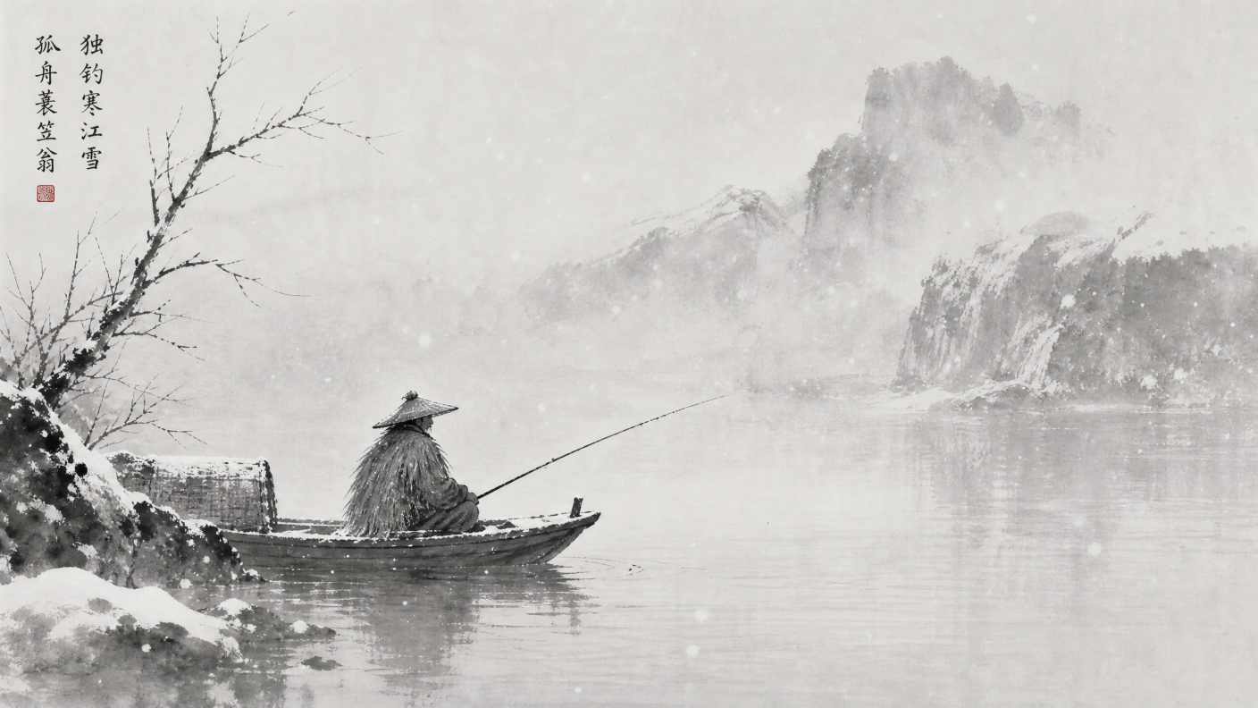 水墨画风格，孤舟蓑笠翁，独钓寒江雪，黑白灰，意境