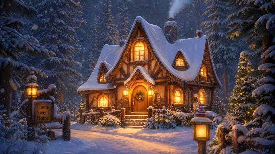童话小屋，森林深处，烟囱，灯光，雪景，温暖