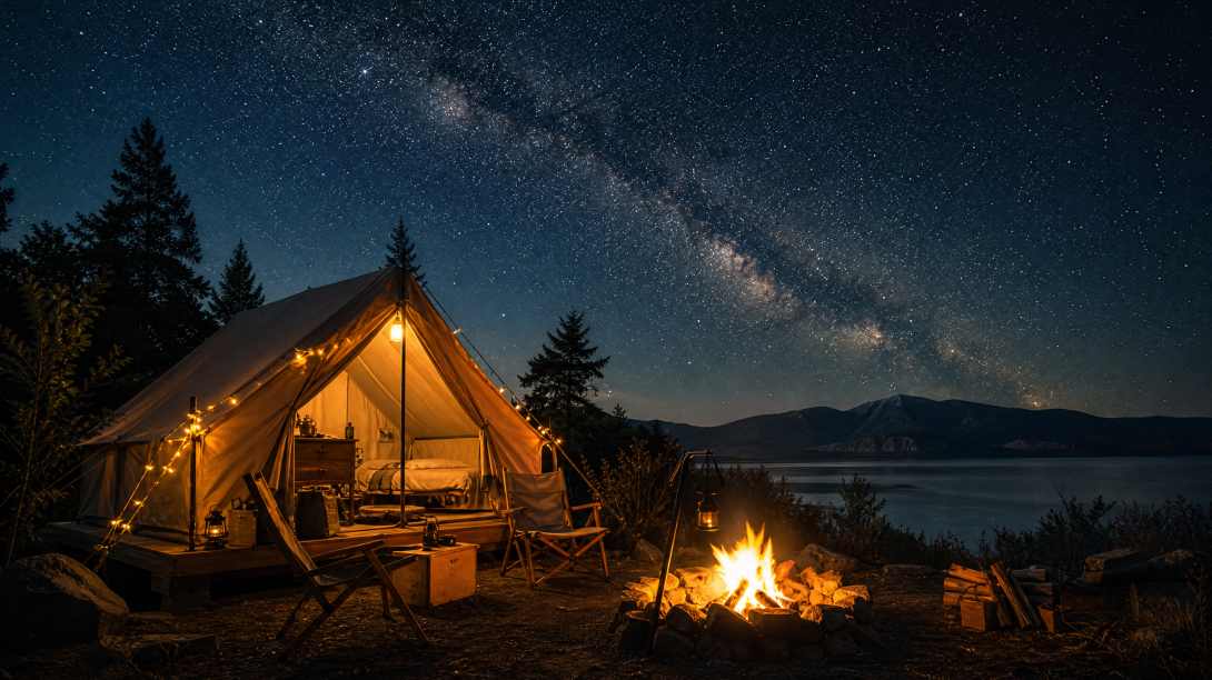星空下的帐篷，篝火，暖光，露营，宁静
