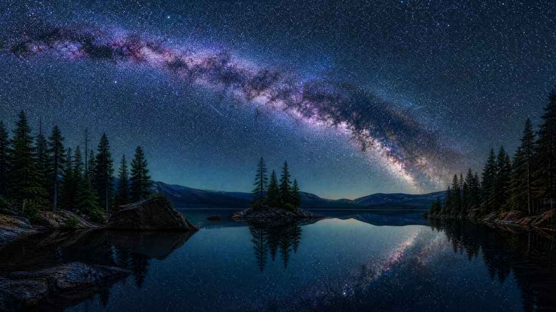 星空下的宁静湖面，银河倒映在水中，周围有松树轮廓，夜景，超现实主义，8K分辨率