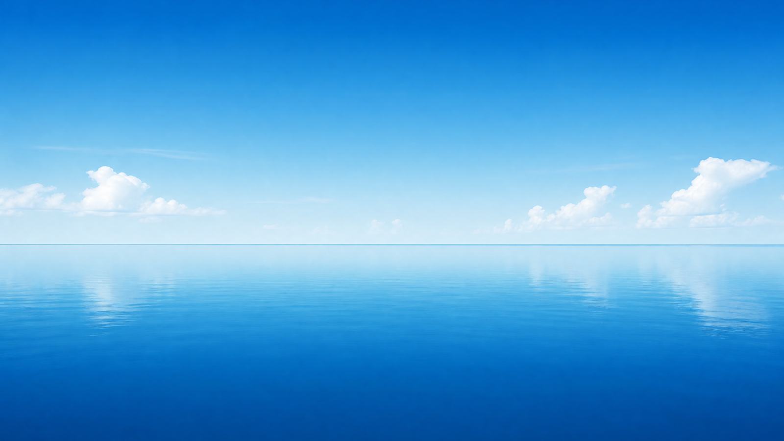 极简海洋，水平线，渐变蓝，白云，空旷，平静，16:9