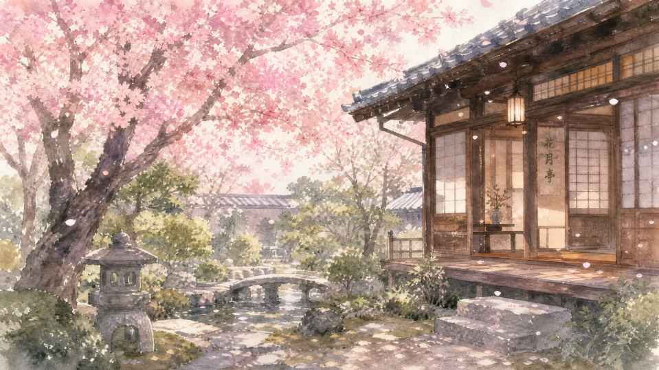 樱花树下的日式庭院，粉色花瓣飘落，传统木建筑，柔和光线，水彩风格